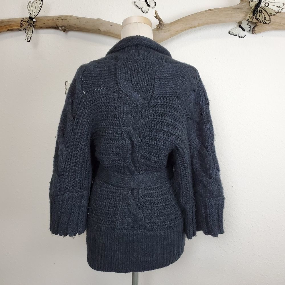 Cozy Belted Cable-Knit Sweater Cardigan - Charcoal - Picture 6 of 8